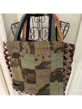 Patchwork Camo Tote Bag with Multicolor Straps Salvage Sacs